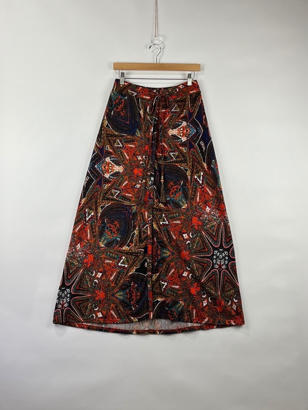 Hannah Button Front Maxi Skirt Adjustable Slit Waist Tie Boho Layering M